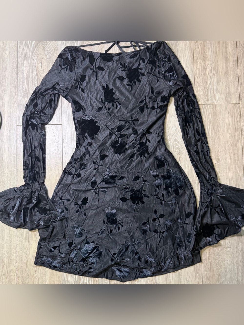 Hello Molly Golden Moon Black Velvet Burnout Bell Sleeve Mini Dress Size Medium